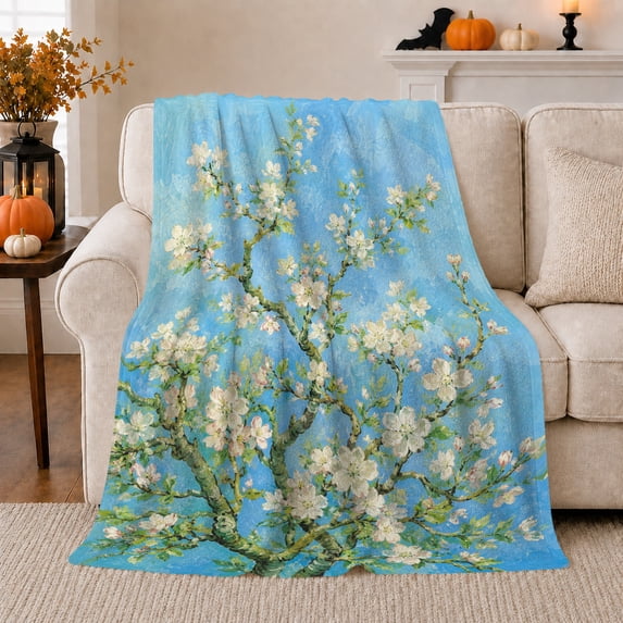 White Blossoms on Blue Branches, Serene Impressionist Floral Tree Motif for Flower Lovers, Mother's Day Gift, Soft Flannel Blanket for Bedroom and Sunroom, Elegant Home Decor