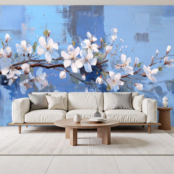 White Blossoms Blue Delicate floral artwork spring flowers Peel and Stick Wall Murals 69"H x 96"W Removable PVC Wallpaper Self-Adhesive Wall Paintings for Bedroom Living Room