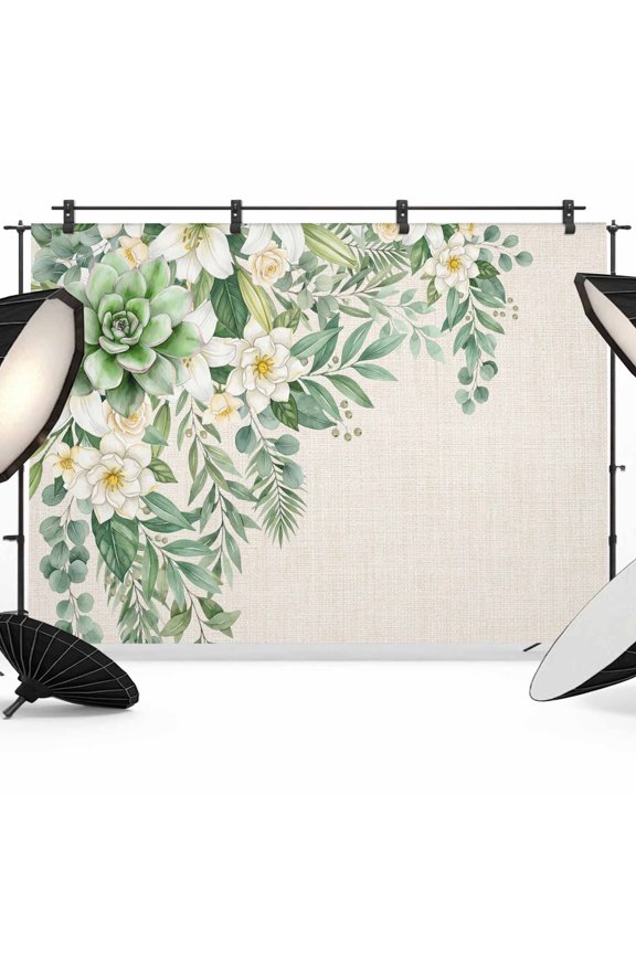 White Blossoms Green Leaf Backdrops for Photography, Rustic Botanical Beige Linen Texture Fabric Photo Background Sturdy Studio Props for Photo Studio, Video Recording, Booth & Photoshoot 7x5ft