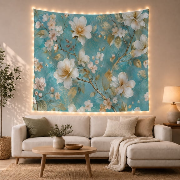 White Blossoms on Turquoise Branches, Serene Watercolor Style for Flower Lovers, Botanical Wall Art, Mother's Day Gift, Tapestry Wall Hanging for Bedroom, Living Room and Dorm