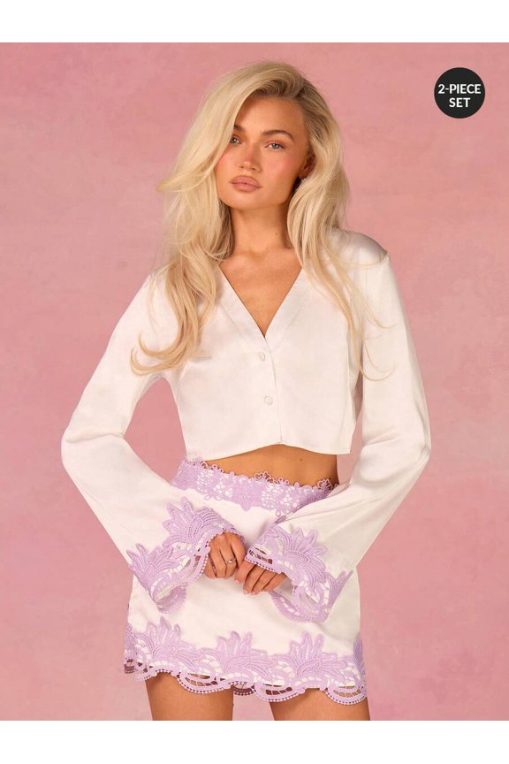 White Blouse and Lace Trim Mini Skirt 2-Piece Set