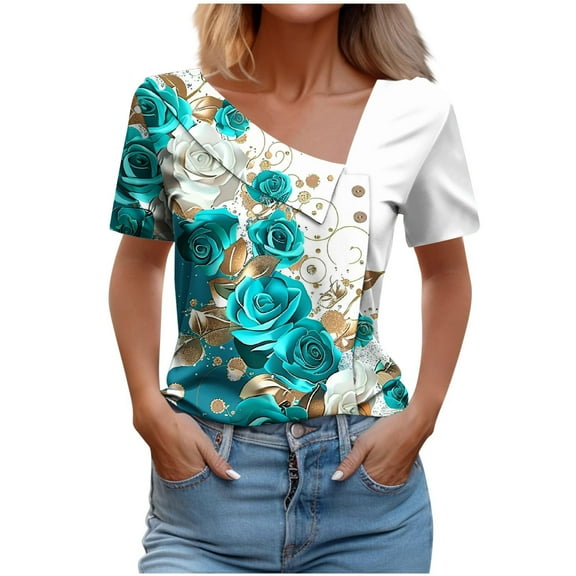 White Blouse for Women Dressy Petite Casual Womens T Shirts Loose Fit Workout Short Sleeve Button Up Shirts for Women Pattern
