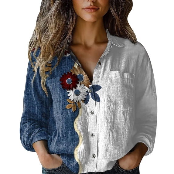 White Blouse for Women Fashion Cotton Printed Casual Long Sleeve Loose Tops Women's Button Down Shirts