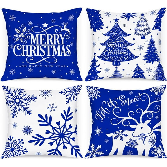 White and Blue 20x20 Christmas Pillow Covers Set of 4, Decorative 20 Inch Navy Winter Snowflake Throw Pillow Case Xmas Cushion Cover for Indoor House Sofa Dark Blue