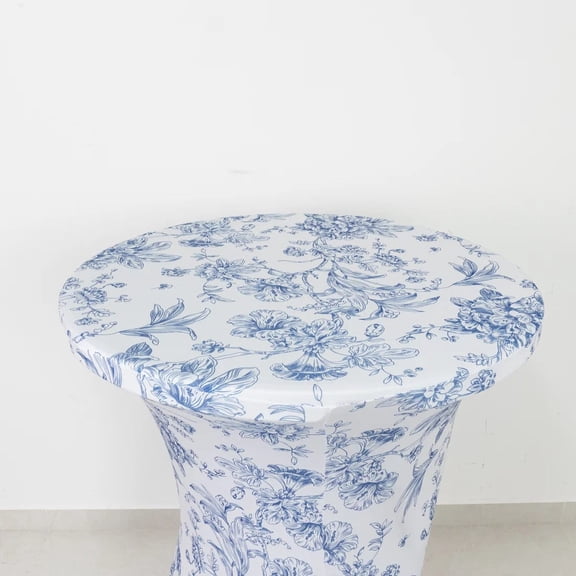 White Blue 30 in Spandex Cocktail Table Cover French Toile Round Fitted Tablecloth