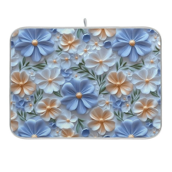 White Blue 3d Flower Dish Drying Mat 16x18 Absorbent Microfiber Draining Rack Pad for Kitchen Counter Sink