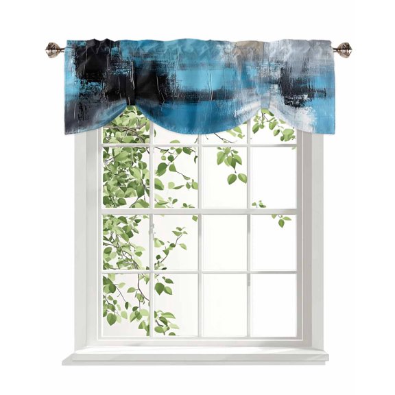 White Blue Black Oil Painting Tie Up Valances Curtain, Abstract Art Kitchen Valances for Windows Decor, Rod Pocket Short Curtains Set for Bedroom/Bathroom, 42"x18"