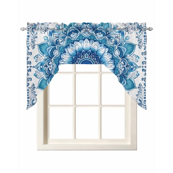 White Blue Boho Kitchen Swag Valances for Windows, Modern Floral Abstract Art Ethnic Tribal Swag Valances Curtains for Living Room, Rod Pocket Window Treatments for Bathroom, Bedroom, Cafe, 56"x36"