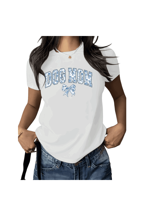 White Dog Mom Bow Trendy Tshirt Printed Tees Shirts Cute Dog Lover Mothers Day Gift Pet Owner Casual Vacation S-5XL Tops