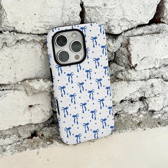 White & Blue Bow Glossy Tough Phone Case, Retro Sweet Heart Pattern Design compatible with iPhone 15 Pro Max