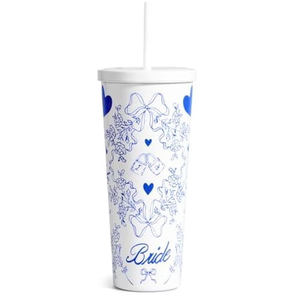 White + Blue Bride Tumbler, 24 oz. | Bachelorette Supplies, Wedding Morning Drinkware, Bach Party Decorations, Bridesmaid Cup Gift$$Home Decor, Kitchen, & Other