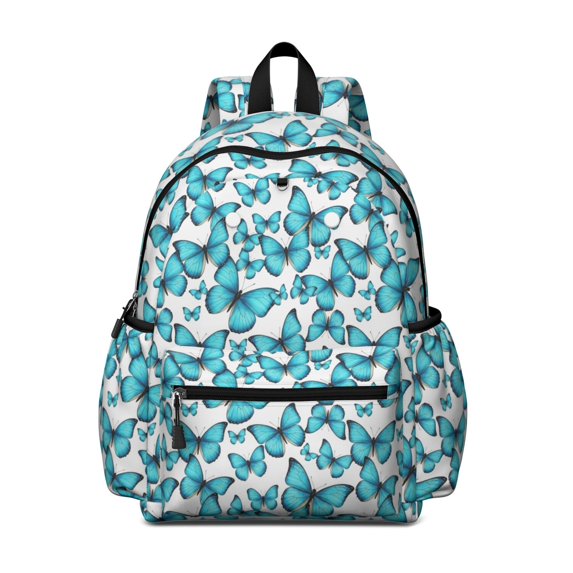 White Blue Butterfly Pattern Cute School Backpack with Padded Back and Adjustable Shoulder Straps 13.4"x11"x4.7"