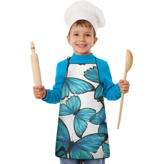 White Blue Butterfly Pattern Kids Aprons for Girls and Boys,Adjustable Neck Strap Toddler Aprons for Kids Cooking Baking