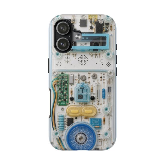 White Blue Cassette Retro Clear Y2K Tech Effect Tough Phone Case, Dual-Layer Protective Cover for iPhone