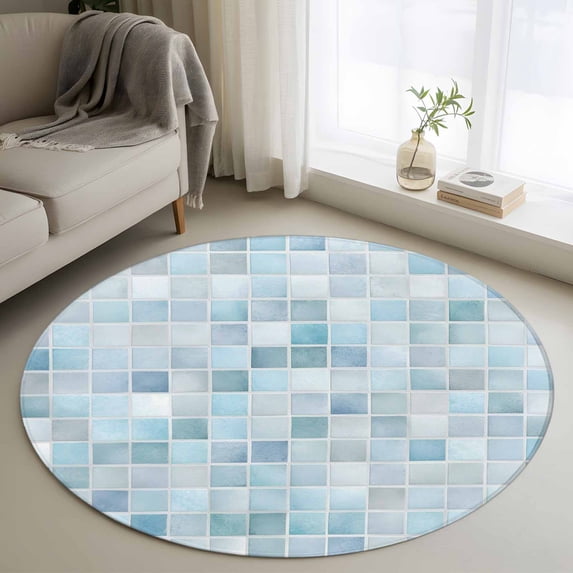 White Blue Color Block Round Living Room Rugs 4 ft, Summer Watercolor Square Ocean Washable Area Rug with Non-Slip Sturdy Edge Binding Round Carpet for Entryway Kitchen Bedroom Bathroom