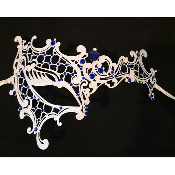 White Blue Crystal Lady Phantom Laser Masquerade Metal Filigree Mask