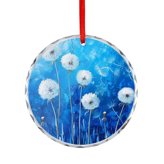 White Blue Dandelion Flower Floral Ornament Gift Exchange Present Ideas White Flowers Abstract Round Glass Christmas Ornaments