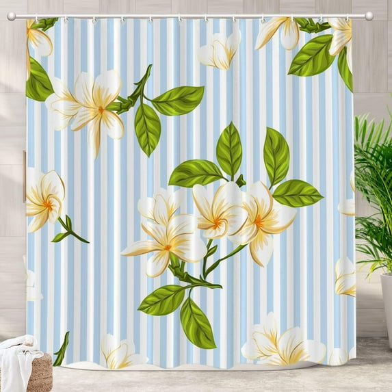 White Blue Decor Shower Curtain,Hawaiian Garden Tropical Leaves Stripes Bathroom Decor Polyester Fiber Plastic Rings Quick-Drying Waterproof for Bathtubs/Bathroom, 72x72 inches