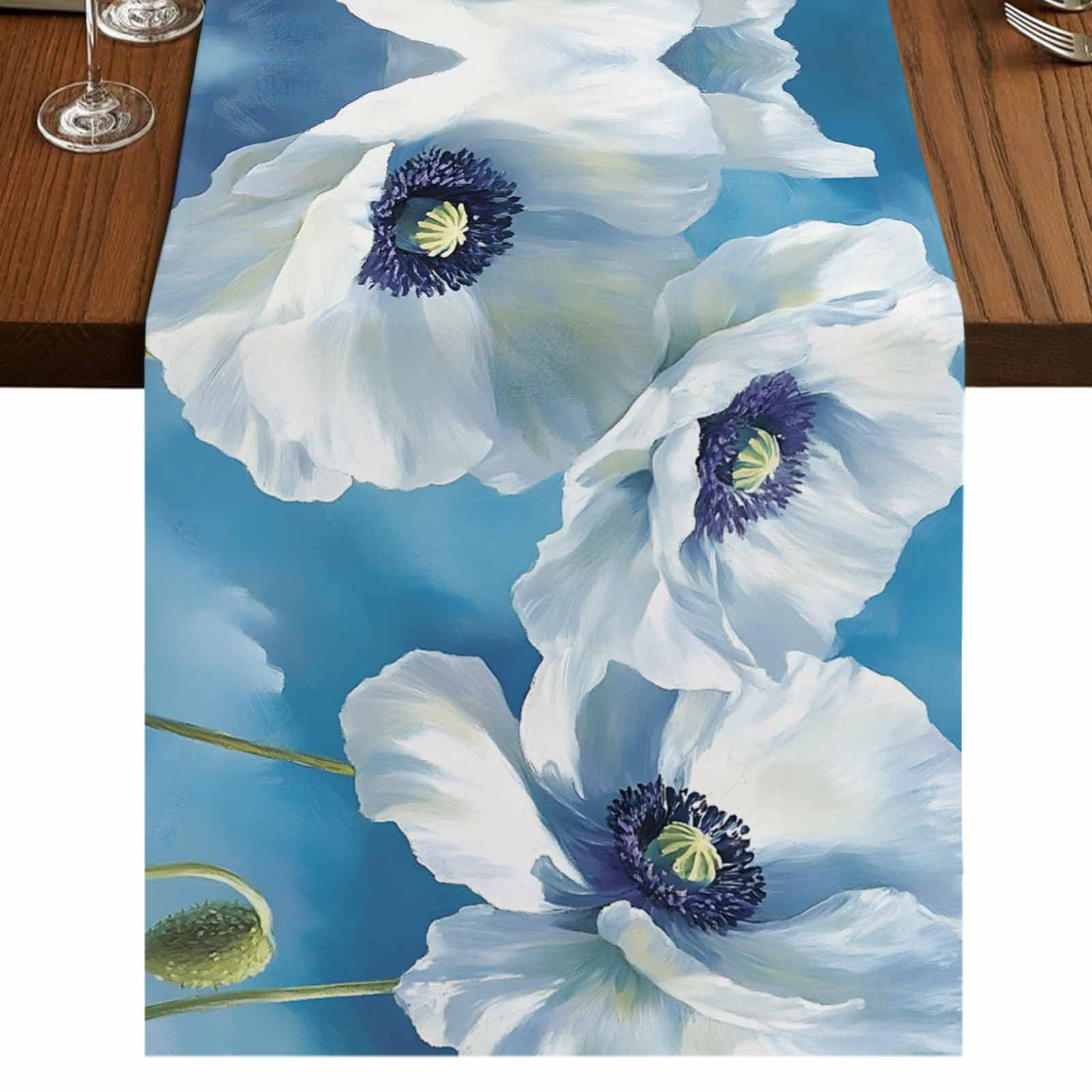 White Blue Floral 90 Inch Table Runner, Vintage Painting Art Country Spring Farmhouse Dresser Scarf Cotton & Linen Tablerunner for Dining/Kitchen Island/Holiday Party Décor 13" x 90"