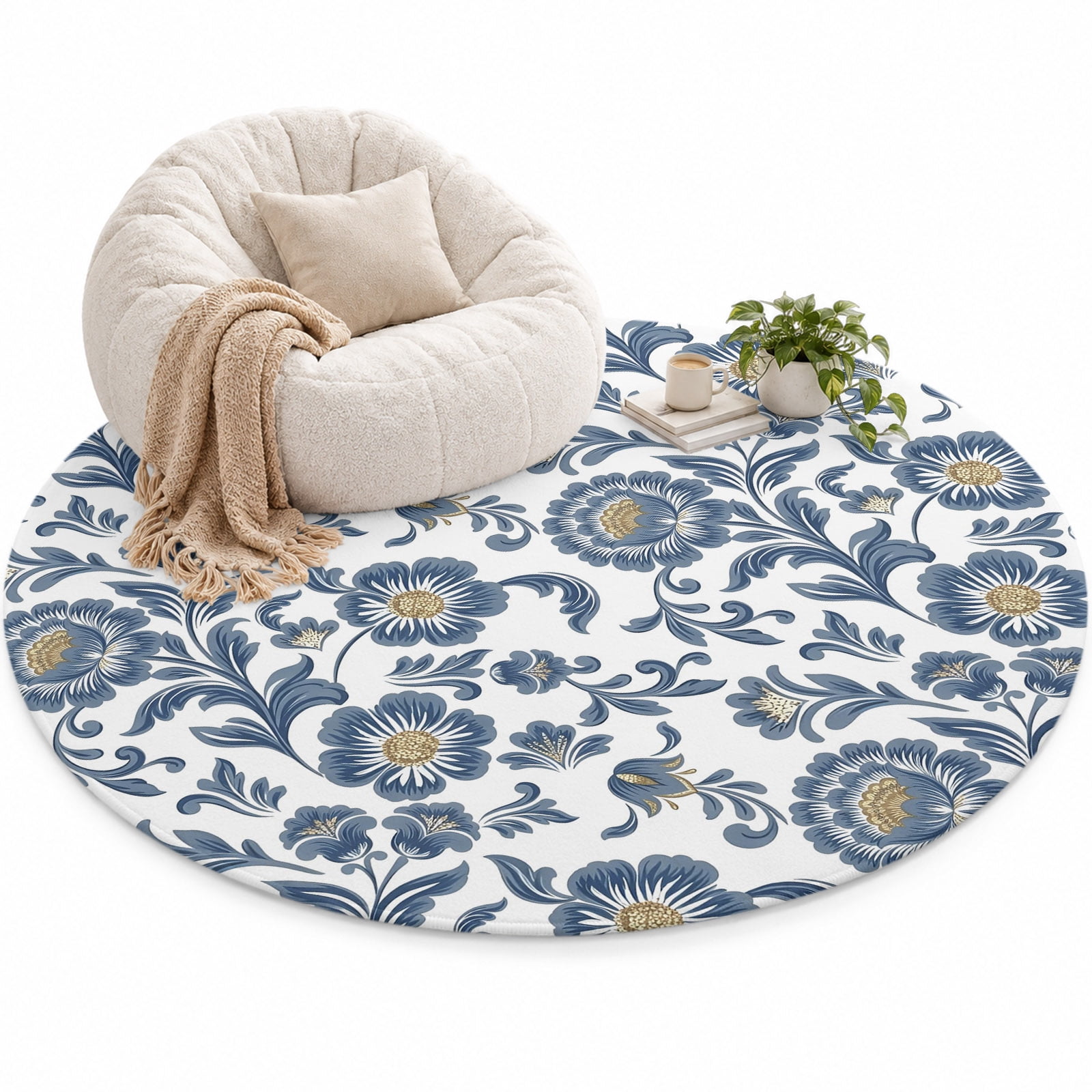 White Blue Floral Area Rug 5', Traditional Botanical Soft Mat Non-Slip ...