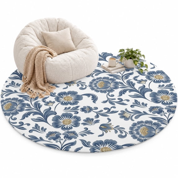 White Blue Floral Area Rug 5', Traditional Botanical Soft Mat Non-Slip ...