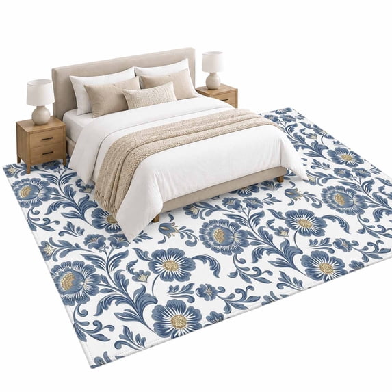 White Blue Floral Area Rug 5'x7', Traditional Botanical Soft Mat Non ...