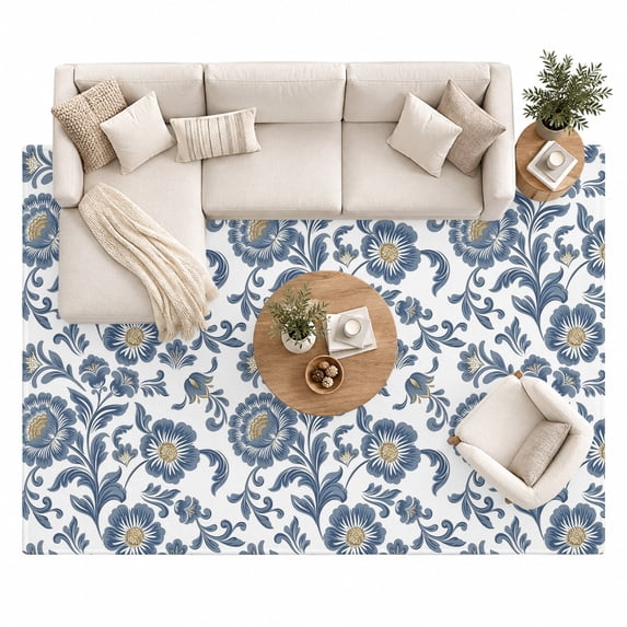 White Blue Floral Area Rug 8'x10', Traditional Botanical Large Area ...