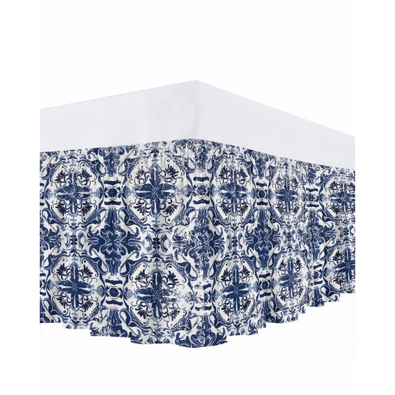 White Blue Floral Bed Skirt King Size 16" Drop Medieval Ethnic Turkish Retro Ruffled Wrap Around Bed Skirts Adjustable Elastic Bedskirt Dust Ruffle for King Size Bed