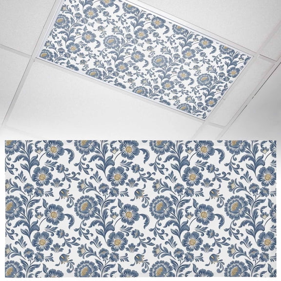 White Blue Floral Fluorescent Light Covers Traditional Ethnic Botanical Magnetic Light Filters Ceiling Lighting Panel Shade for Classroom Office Home 2 x 4 ft, 1 Pack