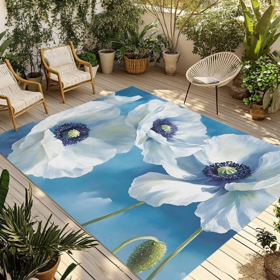White Blue Floral Outdoor Rug 5x7 Ft - Reversible Patio Rug Outdoor Camping Rugs, Vintage Painting Art Country Spring Washable Indoor Outdoor Area Rugs, Non-Slip Outdoor Carpet Runner for Deck/Porch