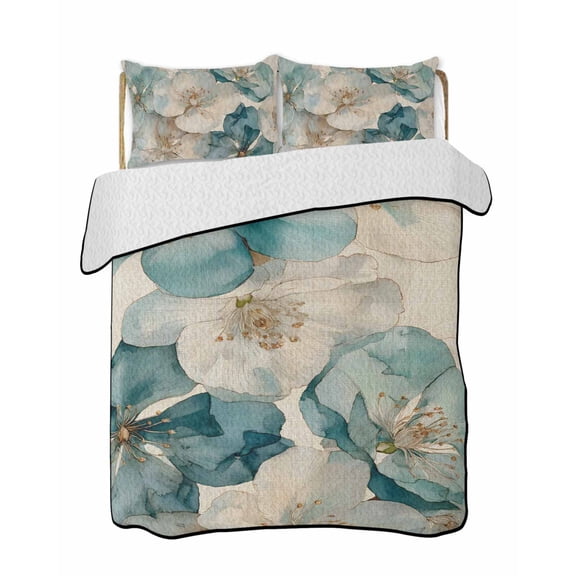 White Blue Floral Quilts Bedding Set California King Retro Watercolor Country Floral Petals Lightweight Quilted Bedspread 3 Piece Bed Quilt with 2 Pillow Shams All Season for Bedroom 96" x 106"