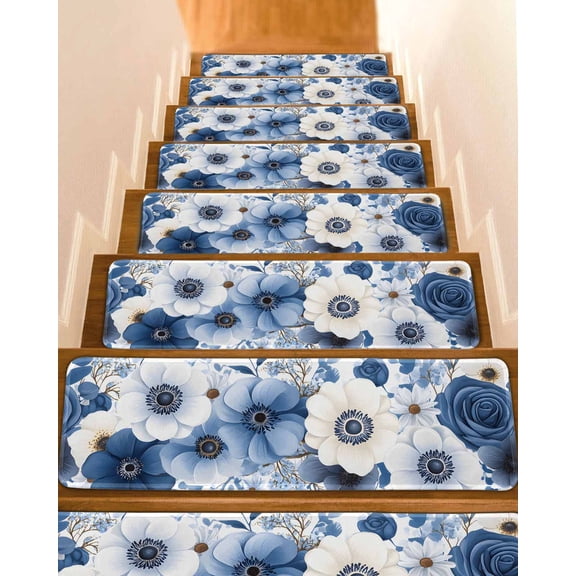 White Blue Floral Stair Treads for Wooden Steps Indoor Runner Rug Carpet, Elegant Leaves Spring Flowers 4 Pieces Peel and Stick Staircase Step Treads Covers Washable Throw Door Mats, 30"x8"