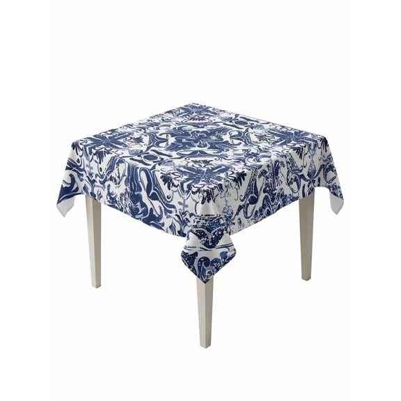 White Blue Floral Table Cloth 54x54 Inch Square, Medieval Ethnic Turkish Retro Waterproof Tablecloth Washable Table Cover for Party Picnic Dinner Decor