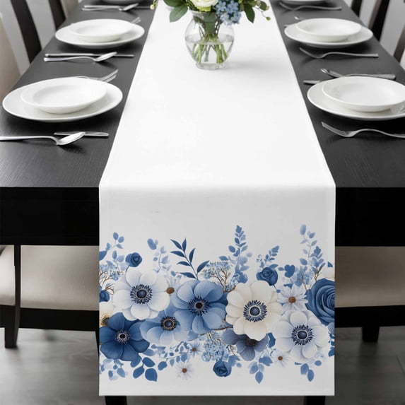 White Blue Floral Table Runner 48 Inches Long, Elegant Leaves Spring Flowers Kitchen Coffee Dining Table Decoration for Home Party Birthday Wedding Home Decor 13x48 Inches