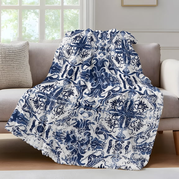 White Blue Floral Throw Blanket for Couch Medieval Ethnic Turkish Retro Soft and Warm Flannel 3D Striped Fluffy Fuzzy Fleece Blanket Lightweight Throw for Bed, Sofa 40 x 50 Inches