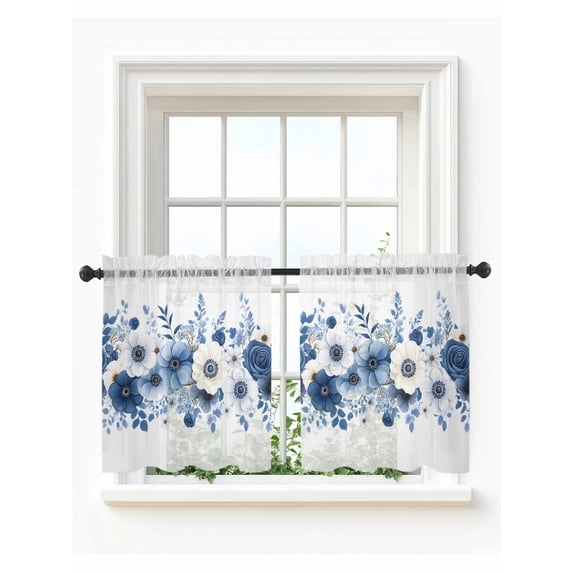 White Blue Floral Tier Curtains 24 Inch Length,Sheer Curtains for Bedroom Living Room Window Elegant Leaves Spring Flowers Rod Pocket Drapes Kitchen Curtains Small Half Window 27.5"x24" 2 Panels