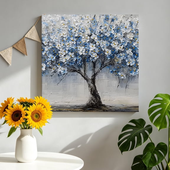 White Blue Floral Tree Canvas Wall Art, Botanical Blossoms Abstract Pictures Wall Decor Wooden Framed Artwork Art Prints for Living Room Hallway Bedroom Office 16"x16"