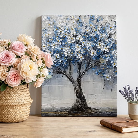 White Blue Floral Tree Canvas Wall Art Framed Wall Decor for Living Room Bedroom Bathroom, Botanical Blossoms Abstract Canvas Pictures Ready to Hang Decor, 24"x32"