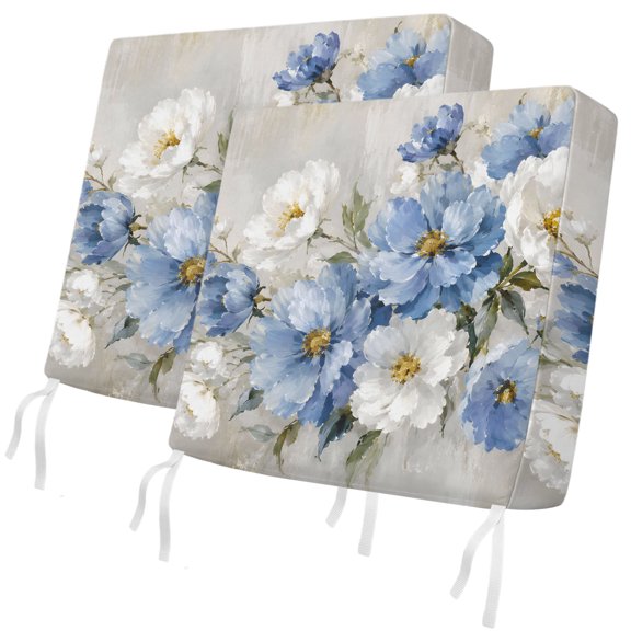 White Blue Flower 2 Pcs Patio Cushion Covers, Rustic Cornflower Daisy Flower Cream Textured Waterproof Outdoor Cushion Cover, Replacement Washable Sofa Chair Seat Cover with Zipper 24"x24"x4"