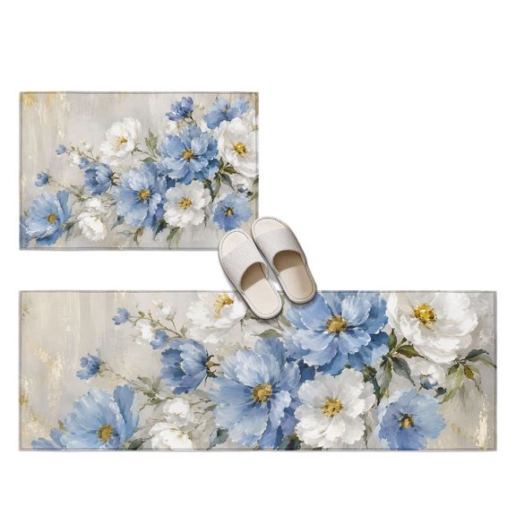 White Blue Flower 2 Pieces Non-Slip Kitchen Mat Set, Rustic Cornflower Daisy Flower Cream Textured Soft Door Mat with Rubber Backing, Dirtproof Rugs for Entrance Doorway, 23.6x35.4in+23.6x70.9in