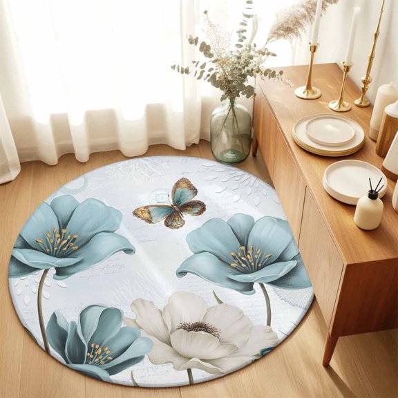 White Blue Flower Butterfly Round Area Rug 3ft,Living Room Rug Non-Slip Washable Circle Rugs Pad,Farmhouse Blossom Flower Soft Floor Carpet for Bedroom Dining Room