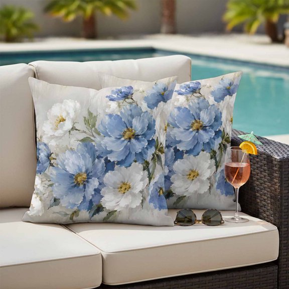 White Blue Flower Outdoor Throw Pillow Covers Set of 2, Rustic Cornflower Daisy Flower Cream Textured Waterproof Pillow Covers Protectors with Hidden Zipper for Garden Couch Bench 24x24in