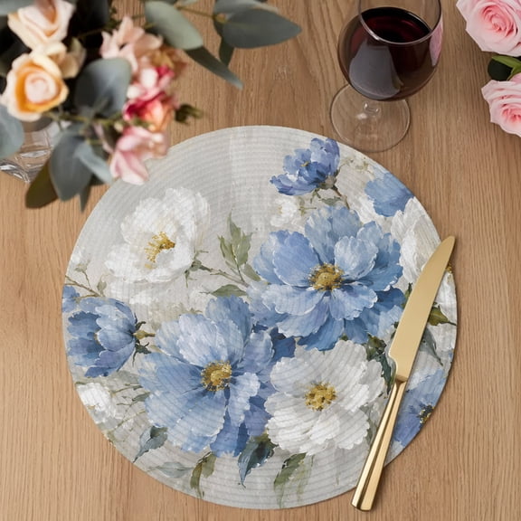 White Blue Flower Round Braided Placemats Set of 2, Rustic Cornflower Daisy Flower Cream Textured Heat Insulation Place Mats Washable Non-Slip Table Mats for Kitchen Dining Party, 15 Inches