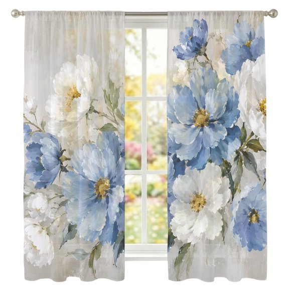 White Blue Flower Sheer Curtains 72 Inches Long 2 Panels, Rustic Cornflower Daisy Flower Cream Textured Semi Sheer Rod Pocket Window Curtains Light Filtering Drapes for Living Room Bedroom
