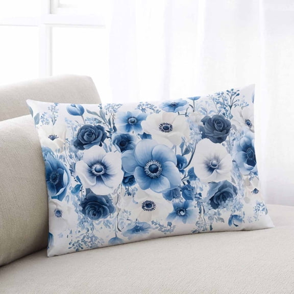 White Blue Flower Throw Pillow Covers, Vintage Pastoral Floral Petals Spring Soft Breathable Pillow Cases with Invisible Zipper for Sleeping, Small Pillowcases for Couch Bed Sofa Chair 16x24 Inches
