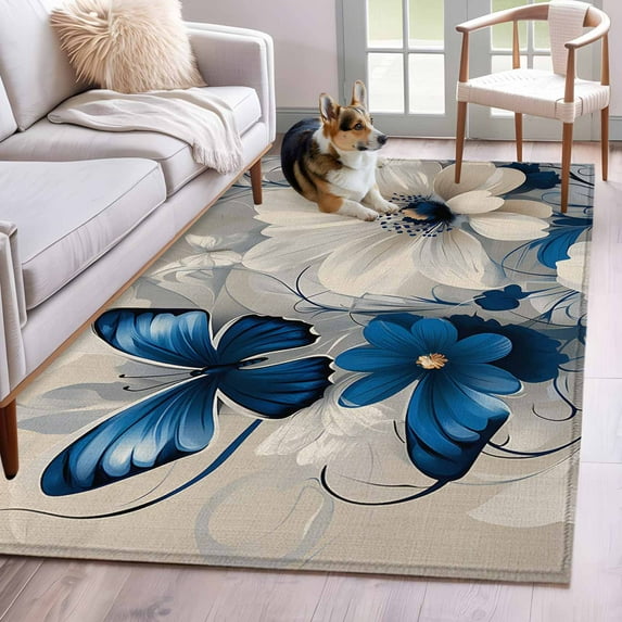 White Blue Flowers Area Rug 4x6 Washable Rug Non Slip Vintage Elegance Butterfly Floral Large Area Rug Indoor Floor Carpet for Entryway Bedroom Kitchen Living Room Home Office Dining Room Nursery