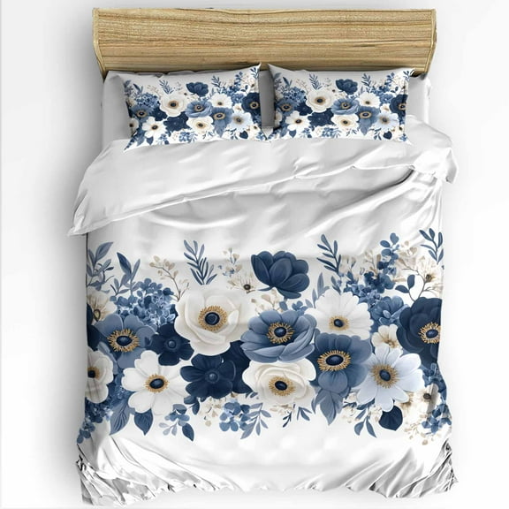 White Blue Flowers Twin Size Comforter Set, Spring Pastoral Art Soft Bedding for All Seasons, 4 Pcs Bed Set with 1 Comforter (68"x86") ,1Sheet(66"x116"), 2 Pillowcases (19"x29")