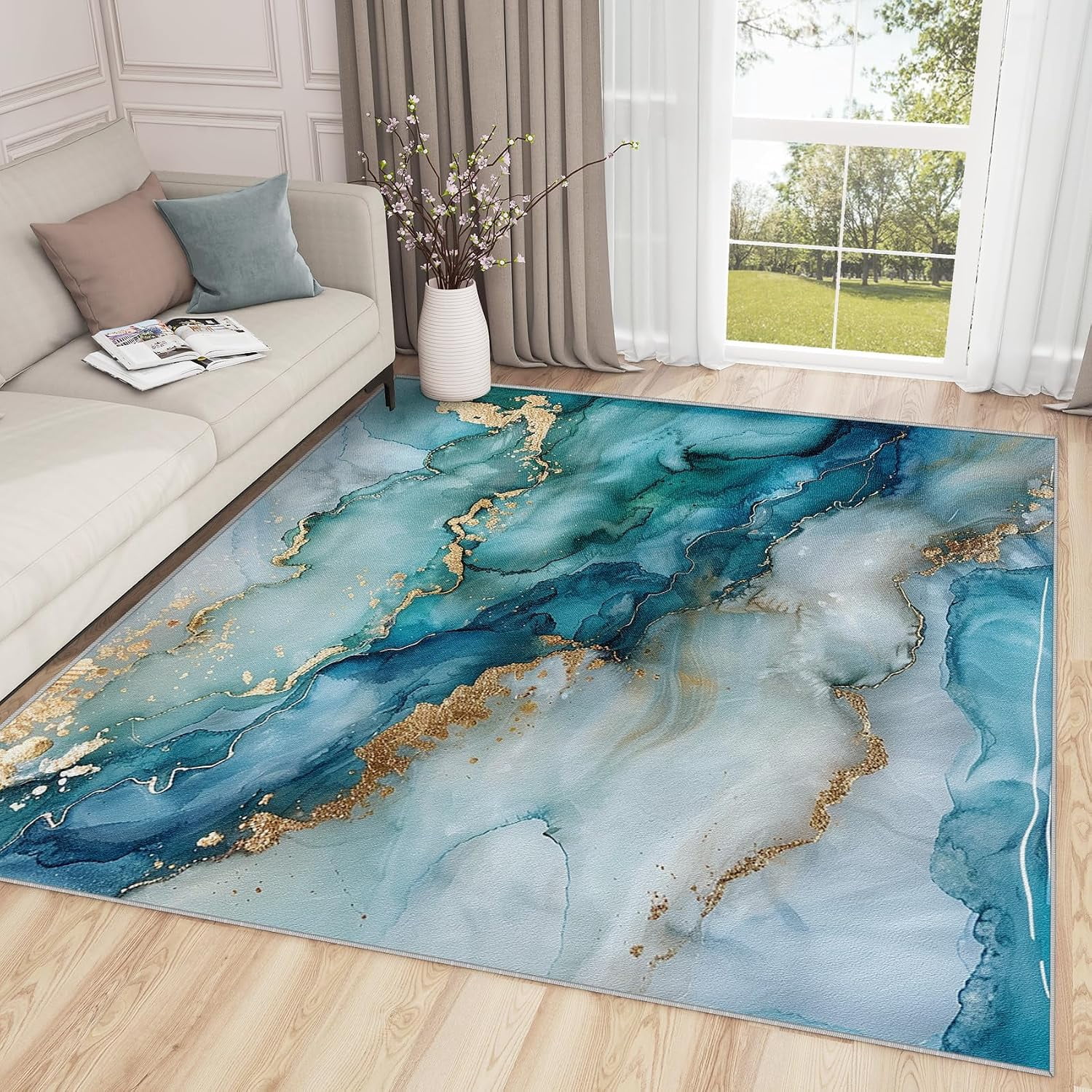 Upscale Rugs White Blue Gold Marble Area Rugs, Abstract Luxury Carpet, Washable Non ...