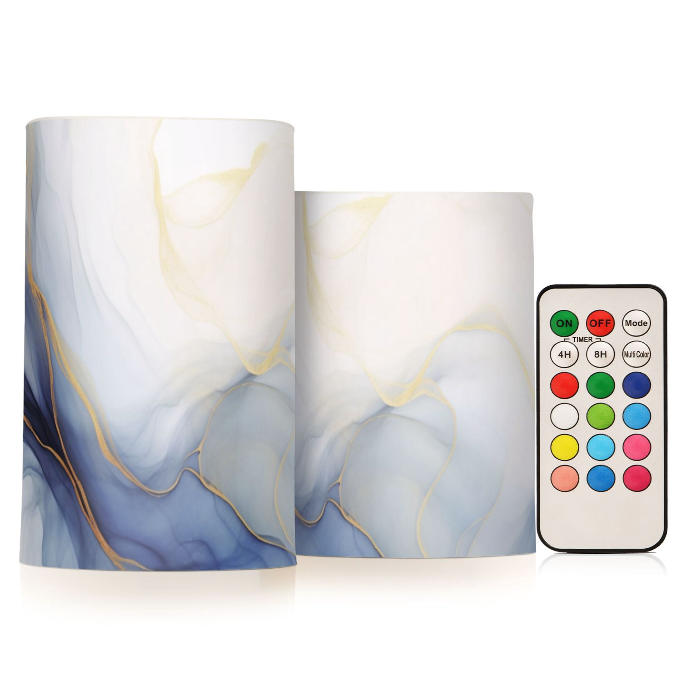 White Blue Gold Marble Flickering Flameless LED Candles set of 2 Battery Operated 18-Key Remotes Timer Halloween Fall Decor D3''xH4''5''