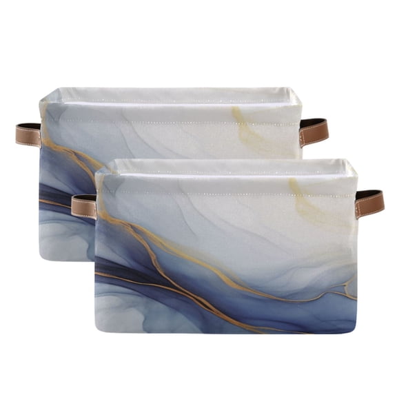 White Blue Gold Marble Storage Bins with Handle Fabric Organizer Basket Foldable Box 2 Pack 14.2x10.2x8.3